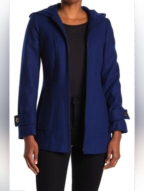 LONDON FOG Hooded Zip Front Wool Blend Coat In Blue Print